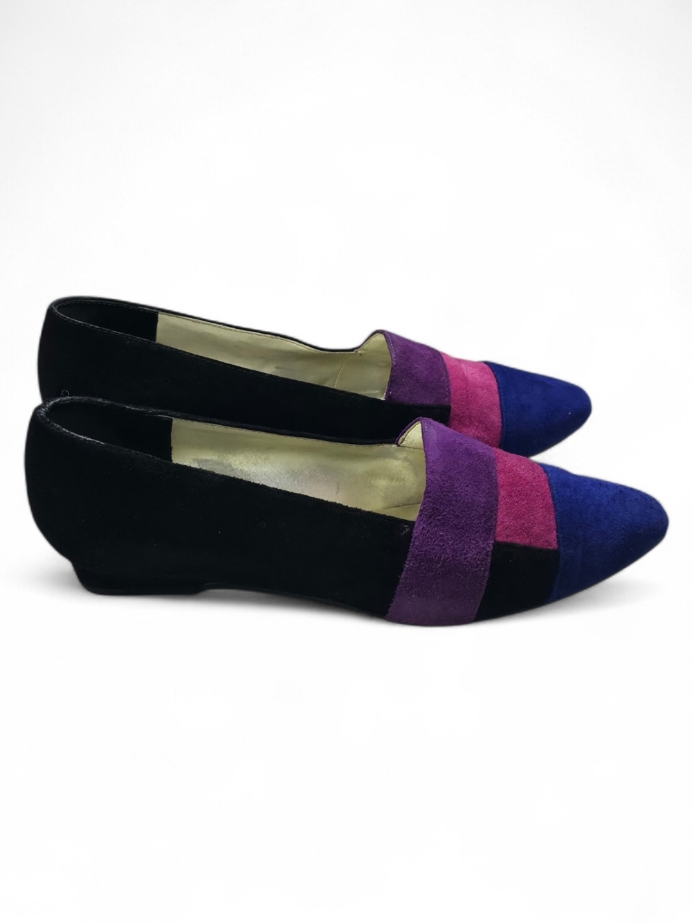 Black Pointed-Toe Flats with Purple and Blue Accents